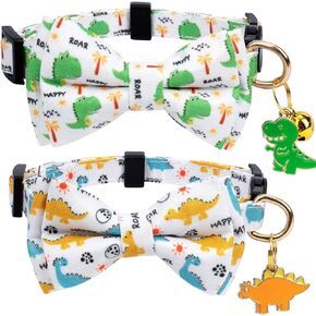 2 Pack Cotton Cat Collar with Bow Tie and Bell for Girl Boy Cats,Cute Pink Flamingo and Blue Whale Pattern Spring Summer Breakaway Cat Collar for Male Female Cats (Flamingo&Whale)