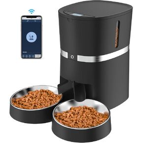Smart Cat Feeder, WellToBe Automatic Cat Feeder WiFi Enable Pet Dog Food Dispenser App Control for Cat&Dog with Two-Way Splitter and Two Bowls, Voice Recorder Distribution Alarms, Portion Control