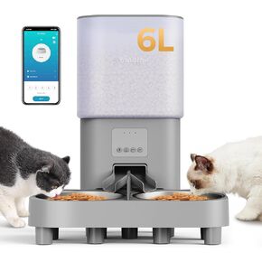 Automatic Cat Feeder, WiFi Dog Food Dispenser with APP Control for 2 Cats & Dogs, 6L Elevated Timed Dog Feeder Programmable 1-10 Meals,10s Meal Call,Dual Power Supply, 2 Stainless Bowls