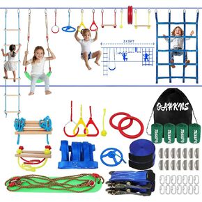 FAHKNS Ninja Warrior Obstacle Course for Kids - 2 x 55ft Slackline Kit with 13 Ninja Accessories for Kids,Obstacles Cargo Net Rope Ladder Monkey Bars Ninja Course for Kids