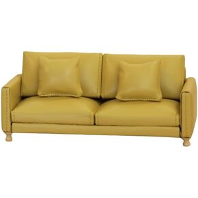 Dollhouse Leather Sofa ، 1: 12 Modern Luxury Dollhouse Double Couch مع وسائد قابلة للإزالة ، وملحقات أثاث DIY مصغرة مصغرة للدمى لغرفة المعيشة البيت (الأصفر)