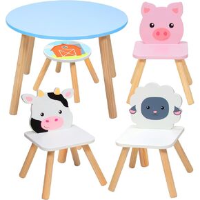 Kids Wooden Animal Table & Chair Set w 4 Seats- Cow Pig Sheep Plus Adult Stool for Arts Crafts, Dining, Pretend Play- Durable Playroom Furniture for Home, Daycare Classroom- Toddler Children Gift