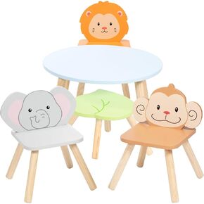 Kids Wooden Animal Table & Chair Set w 4 Seats- Monkey Lion & Elephant Plus Adult Stool for Arts Crafts, Dining, Pretend Play- Durable Playroom Furniture for Home, Daycare Classroom- Toddler Gift