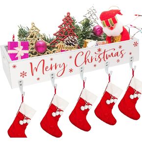 HPC Decor Mostmers Christmas Stocking ، صندوق خشبي مع 5 جوارب شماعات الزخرفة عيد الميلاد لتخزين المنظم الخشب الموقد رف الموقد