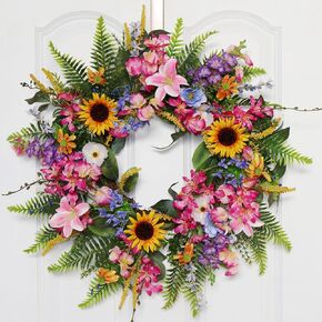 20-22 Inch Summer Spring Wreath Fake Silk Yellow Sunflowers Pink Lily Wild Flowers Floral Wreath with Green Fern Leaves for Front Door Window Wall Wedding Farmhouse Festival Décor