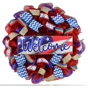 Fourth of July Wreath | USA Wreath | Welcome Mesh Door Wreath | Red White Blue Flag
