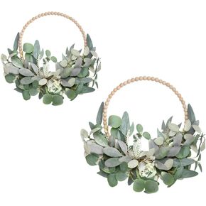 TEMPUS 2Pcs 16" Artificial Eucalyptus Wreaths - Handmade Wooden Bead & Lamb's Ear Spring Wreaths for Front Door, Farmhouse Wall Decor, Holiday Party