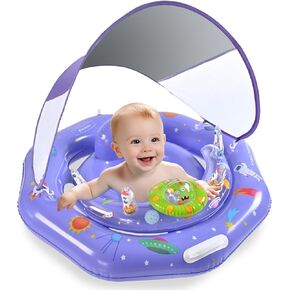 بركة الأطفال تعويم لمدة 6-36 أشهر | تطفو حمام سباحة عريض للغاية مع UPF50+ Sunshade & Toy Play Console | تعويم الطفل مع مقعد أمان قابل للتعديل ، مظلة قابلة للفصل ، مقبض آمن ومقود السلامة