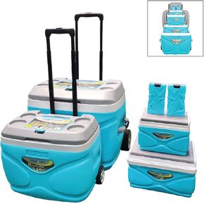 Pinnacle Cooler with Wheels – Practical Set of 66L Cooler with Wheels and Handle – Includes 30L 11L and 4.5L Camping Coolers and 2 Ice Bricks – Cup Holder and Sitting Lid – Extended Cooling Time