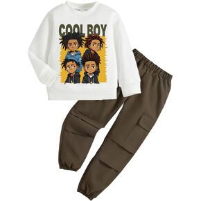 Toddler Boy Clothes Outfits - Cartoon Graphic Print Round Neck Sweatshirt and Cargo Pants - Boys Clothing Set