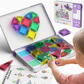 Magnetic Tiles for kids ages 4-8, 40 Pieces Mini Magnetic Building Blocks,Magnet Tiles Travel Construction Set with Storage Iron Box,Toddler Puzzle Birthday Gift Toys for Boys and Girls Ages 3