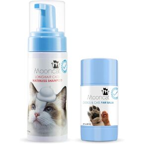 Mooncat Complete Pet Care Bundle - شامبو Cat بدون ماء (5 أوقية) + بلسم الكلب لترطيب الكفوف الجافة والأنوف | لعق شامبو رغوي خالي من البارابين بدون شطف للقطط Longhair + Paw Protector for