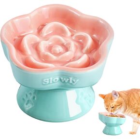 Raised Slow Feeder, Elevated Ceramic Slow Feeder Cat Bowl with Tilted Design, Flower Shaped Stylish Small Dogs Bowl for Dry and Wet Cat Food