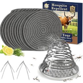 Livestock Mosquito & Fly Repellent Coils 10 Pack, Natural Citronella for Cattle, Horses, Goats, Chickens, 12-Hour Burn Time, Farm & Stable Outdoor Insect Protection, with 1 Holder & 2 Stands