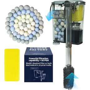 Wonderfactory 80 GPH Filter for 1 to 5 Gallon Fish Tank, Hang-On Back Ultra-Quiet Small Aquarium Filter Included Sponge Ceramic Media Filtration Aquariums Powerful Water Pump Biological Material