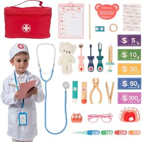 مجموعة Wooden Doctor For Kids ، Playet Playet للأطفال الصغار ، مجموعة أطباء الأسنان للأطفال الصغار 3-5 ، مع حقيبة طبية ، سماعة طبية ، موحدة وغيرها