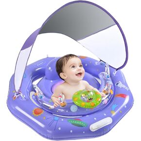 تطفو حمام سباحة الأطفال مع وحدة تحكم المظلة والعب ، مقعد آمن قابل للتعديل ، UPF50+ Sunshade Pool Float لمدة 6-36 أشهر ، عوامات الطفل من 6 إلى 12 شهرًا مع مقبض الأمان والحبل للسباحة
