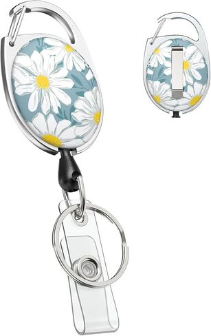 Uniclife Floral Retractable Badge Reel for Badge Holder White Flower Heavy Duty Retractable Keychain Strong ABS Casing with Stainless Steel Spring Coil 24 Inch Nylon Rope Carabiner Clip and Key Ring in Saudi Arabia