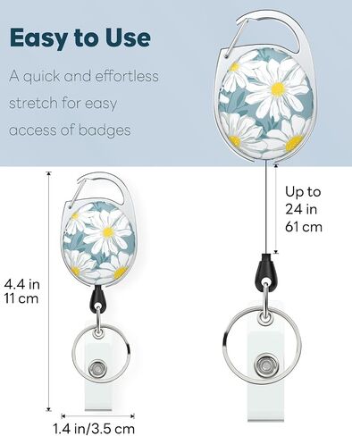 Uniclife Floral Retractable Badge Reel for Badge Holder White Flower Heavy Duty Retractable Keychain Strong ABS Casing with Stainless Steel Spring Coil 24 Inch Nylon Rope Carabiner Clip and Key Ring in Saudi Arabia