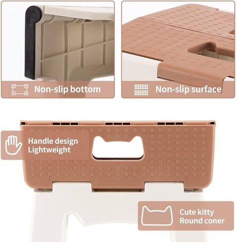 13'' Folding Step Stool for Adults & Kids Hold Up to 250 LB Non-Slip Folding Stools with Portable Handle Compact Collapsible Lightweight Foldable Stools for Kitchen, Bathroom (Khaki, 13in) in Kuwait