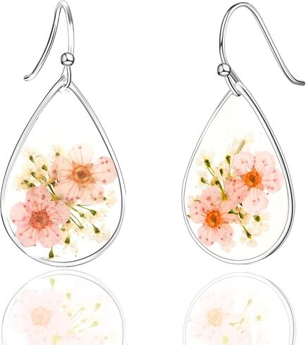 Pressed Daffodil Handmade Earrings, Silver Real Flower Natural Earrings, Pink Dried Flower Resin Jewelry, Birthday Gift in Saudi Arabia