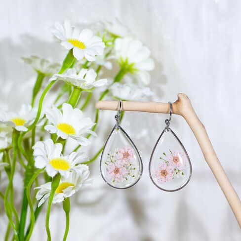 Pressed Daffodil Handmade Earrings, Silver Real Flower Natural Earrings, Pink Dried Flower Resin Jewelry, Birthday Gift in Saudi Arabia