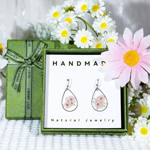 Pressed Daffodil Handmade Earrings, Silver Real Flower Natural Earrings, Pink Dried Flower Resin Jewelry, Birthday Gift in Saudi Arabia