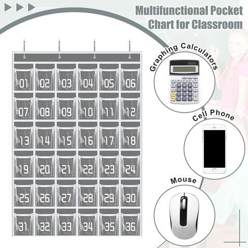 Paneee 2 PCS 36 مخطط جيب واضح للهواتف المحمولة في الفصول الدراسية حامل حاسبة الخزانة منظم مع جيوب لوازم تنظيم مكتب تخزين مكتب باب الحائط (رمادي) in Kuwait
