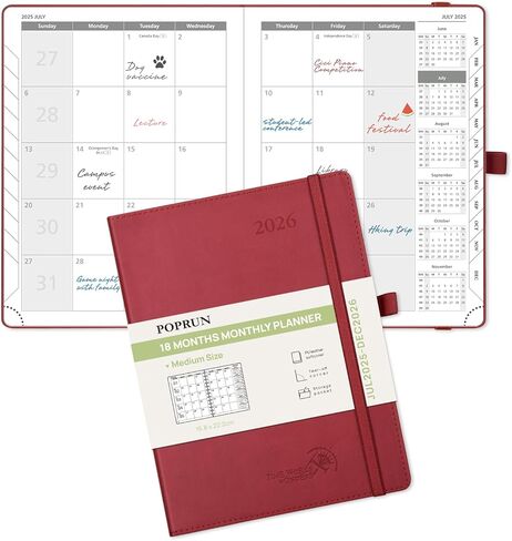 Poprun Monthly Planner 2025-2026 (Medium- 6.5 '' X 8.5 '' Soft Cover) ، كتاب تقويم لمدة 18 شهرًا (Jul.2025-Dec.2026) ، مخطط تقويم مع علامات تبويب شهرية وجيب ، 100 GSM ورقة-وردي in Kuwait