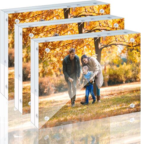 3 Pack 5x5 Acrylic Picture Frames - 20% Thicker Double Sided Magnetic Frame with UV Protection - Freestanding Clear Frameless Display for Tabletops - Modern Photo Frame Set for Home & Office Decor in Saudi Arabia