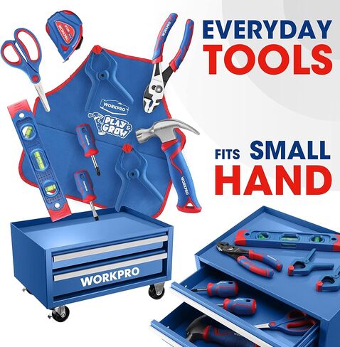 WORKPRO Pink Real Tool Set for Kids with 12 Inch Mini Steel Tool Box with Wheels, 10PCS Kids Real Tools with 2 Drawers Desk Metal Rolling Tool Chest, Children's Tool Kit for Home DIY- Pink Ribbon in Kuwait