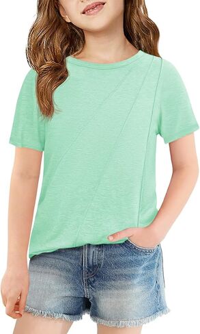 Haloumoning Girls Pleated Short Sleeve T Shirts Kids Summer Fashion Crewneck Tees Tops 5-14 Years in Saudi Arabia