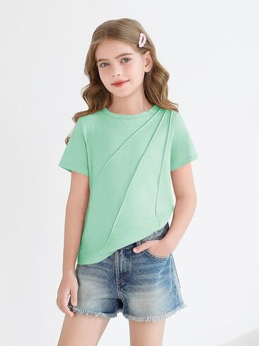 Haloumoning Girls Pleated Short Sleeve T Shirts Kids Summer Fashion Crewneck Tees Tops 5-14 Years in Saudi Arabia