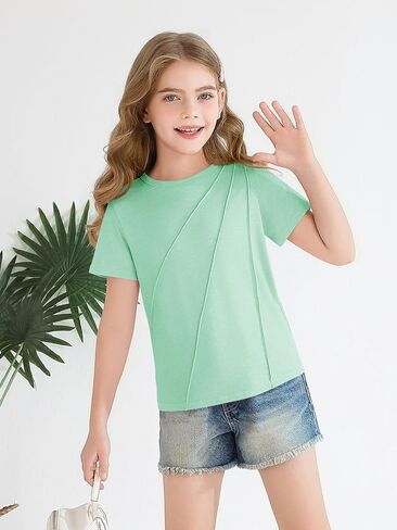Haloumoning Girls Pleated Short Sleeve T Shirts Kids Summer Fashion Crewneck Tees Tops 5-14 Years in Saudi Arabia
