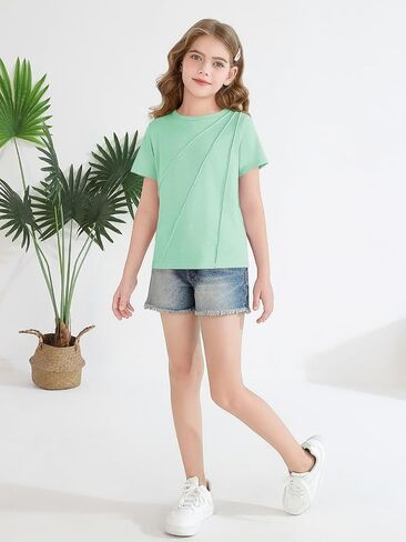 Haloumoning Girls Pleated Short Sleeve T Shirts Kids Summer Fashion Crewneck Tees Tops 5-14 Years in Saudi Arabia