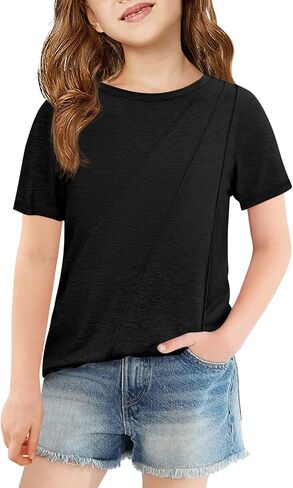 Haloumoning Girls Pleated Short Sleeve T Shirts Kids Summer Fashion Crewneck Tees Tops 5-14 Years in Saudi Arabia
