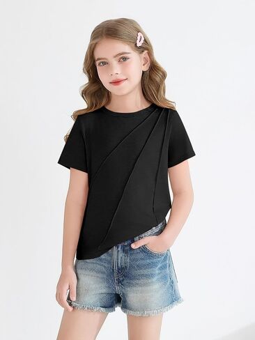 Haloumoning Girls Pleated Short Sleeve T Shirts Kids Summer Fashion Crewneck Tees Tops 5-14 Years in Saudi Arabia