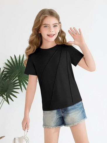 Haloumoning Girls Pleated Short Sleeve T Shirts Kids Summer Fashion Crewneck Tees Tops 5-14 Years in Saudi Arabia