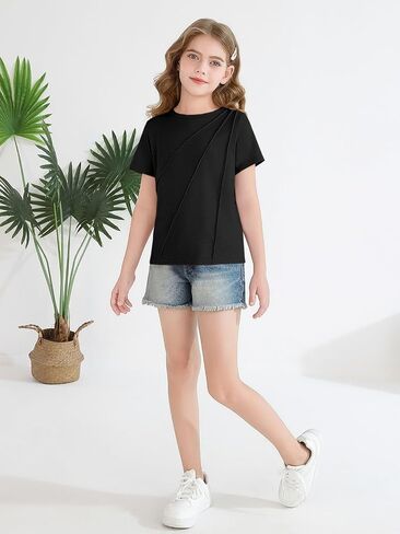 Haloumoning Girls Pleated Short Sleeve T Shirts Kids Summer Fashion Crewneck Tees Tops 5-14 Years in Saudi Arabia