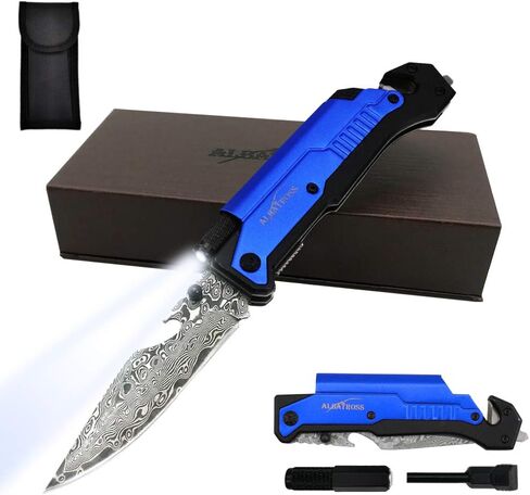 ALBATROSS 6-in-1 Modern Damascus Steel Folding Pocket Knives with LED Light,Seatbelt Cutter,Glass Breaker,Magnesium Fire Starter,Bottle Opener;Multi-Function Emergency Tool(Black-3) in Saudi Arabia