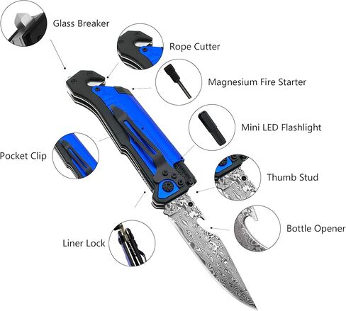 ALBATROSS 6-in-1 Modern Damascus Steel Folding Pocket Knives with LED Light,Seatbelt Cutter,Glass Breaker,Magnesium Fire Starter,Bottle Opener;Multi-Function Emergency Tool(Black-3) in Saudi Arabia