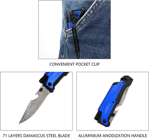 ALBATROSS 6-in-1 Modern Damascus Steel Folding Pocket Knives with LED Light,Seatbelt Cutter,Glass Breaker,Magnesium Fire Starter,Bottle Opener;Multi-Function Emergency Tool(Black-3) in Saudi Arabia