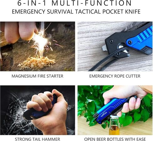 ALBATROSS 6-in-1 Modern Damascus Steel Folding Pocket Knives with LED Light,Seatbelt Cutter,Glass Breaker,Magnesium Fire Starter,Bottle Opener;Multi-Function Emergency Tool(Black-3) in Saudi Arabia
