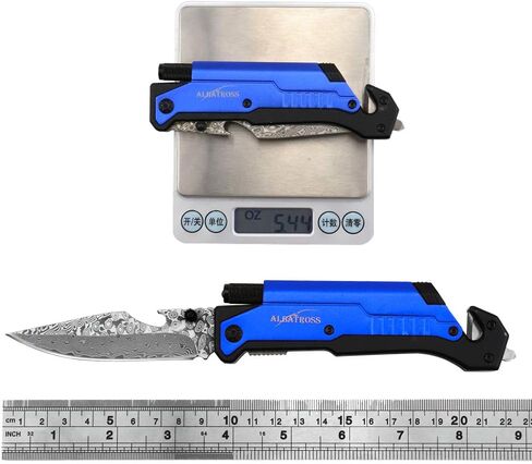 ALBATROSS 6-in-1 Modern Damascus Steel Folding Pocket Knives with LED Light,Seatbelt Cutter,Glass Breaker,Magnesium Fire Starter,Bottle Opener;Multi-Function Emergency Tool(Black-3) in Saudi Arabia
