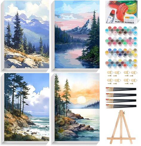 Fountor 4 Pack Paint by Numbers مجموعة للمبتدئين الكبار مع الحامل الخشبي ، فنون المناظر الطبيعية DIY والحرف للبالغين ، الرسم بأرقام لديكور الجدار المنزلي ، 8 × 12 بوصة in Kuwait