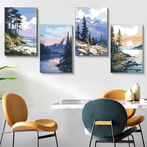 Fountor 4 Pack Paint by Numbers مجموعة للمبتدئين الكبار مع الحامل الخشبي ، فنون المناظر الطبيعية DIY والحرف للبالغين ، الرسم بأرقام لديكور الجدار المنزلي ، 8 × 12 بوصة in Kuwait