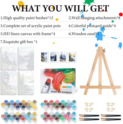 Fountor 4 Pack Paint by Numbers مجموعة للمبتدئين الكبار مع الحامل الخشبي ، فنون المناظر الطبيعية DIY والحرف للبالغين ، الرسم بأرقام لديكور الجدار المنزلي ، 8 × 12 بوصة in Kuwait