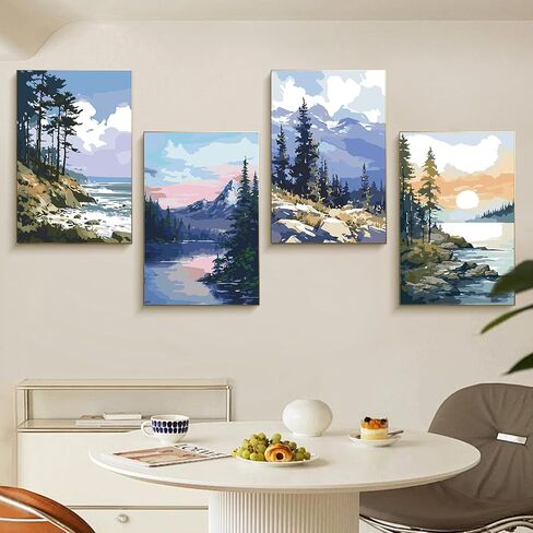 Fountor 4 Pack Paint by Numbers مجموعة للمبتدئين الكبار مع الحامل الخشبي ، فنون المناظر الطبيعية DIY والحرف للبالغين ، الرسم بأرقام لديكور الجدار المنزلي ، 8 × 12 بوصة in Kuwait