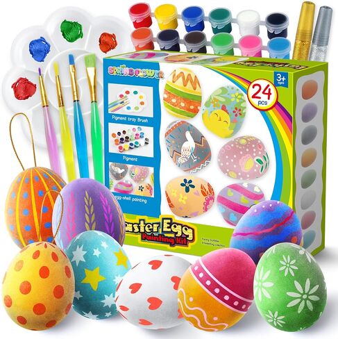 Springflower White Easter Eggs Painting Kit-24 Paintable Flocking Beass مع مجموعة رسومات الشعار المبتكرة لتصميم DIY مع حبل لتزيين عيد الفصح/ الصيد ، حشوات سلة سلة in Kuwait