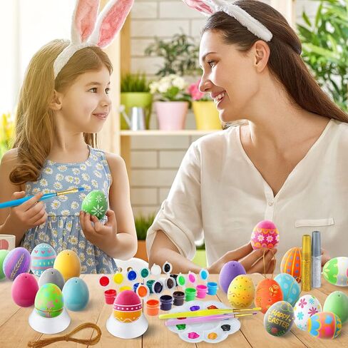Springflower White Easter Eggs Painting Kit-24 Paintable Flocking Beass مع مجموعة رسومات الشعار المبتكرة لتصميم DIY مع حبل لتزيين عيد الفصح/ الصيد ، حشوات سلة سلة in Kuwait
